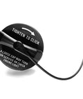 Close-up of fuel cap for 2003-2018 Jeep Wrangler JK TJ Liberty with tighten to click instruction, black plastic design