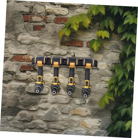 Heavy Duty Wall Mounted Power Tool Holder With Rock Solid Steel Garage Storage Rack For Drills And Hand Tools, showcasing drills on a stone wall.