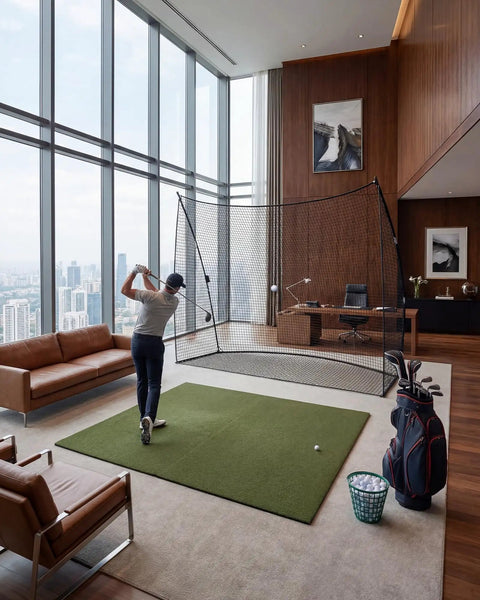 Heavy Duty Golf Practice Net 10x7 Feet with Sturdy Frame set up in a modern high-rise living room for indoor golf training.