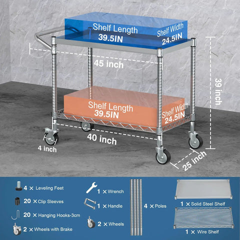 Beefy Heavy Duty 2 Tier Utility Cart On Wheels With Handle For Commercial Use NSF Certified Metal Rolling Cart dimensions diagram