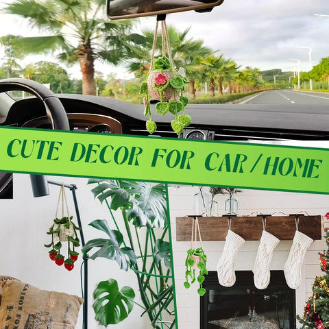 All In One Crochet Starter Kit For Beginners With No Fuss Step By Step Video Tutorials Includes Yarn Hooks Scissors Stuffing Needles And Markers For Hanging Plant Or Succulent Projects Great For Adults And Kids displaying crochet hanging plant decor in car and home settings.