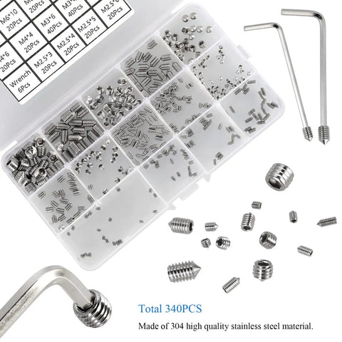 340 Piece Metric Set Screws Kit In 304 Stainless Steel, Allen Head Hex Socket Cone Point Set Screws, Internal Hex Drive Headless Grub Screws, Includes 6 Hex Wrenches, Heavy Duty Assortment For M2.5 To M8 Hardware And DIY Projects displayed in organizer with hex wrenches.