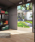 Interior view of 10x8 Foot Outdoor Storage Shed With Large Window Durable Metal Construction Sloped Roof Air Vents And Two Lockable Sliding Doors Perfect Backyard Organization For Tools Ladders Garden Gear Brown