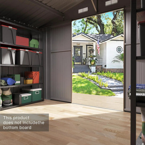 Interior view of 10x8 Foot Outdoor Storage Shed With Large Window Durable Metal Construction Sloped Roof Air Vents And Two Lockable Sliding Doors Perfect Backyard Organization For Tools Ladders Garden Gear Brown