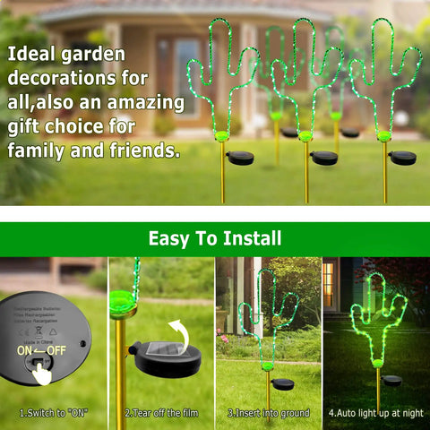 2 Pack Solar Cactus Walkway Lights for Outdoor Garden Pathway showing installation process and illuminated decoration at night