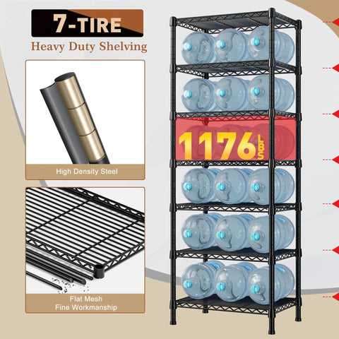 Heavy Duty 7 Tier Metal Shelving Unit Built to Last With 1176 Lbs Total Capacity 71 Inches Tall By 18 Inches Wide By 18 Inches Deep Sturdy Steel Wire Shelves For Garage Kitchen Living Room And Bathroom Storage, 7-tier black steel rack