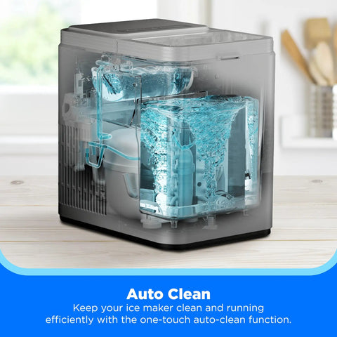 Countertop Bullet Ice Maker Fast Ice 8 Bullets In 6 Minutes Up To 26 Lbs Per Day Self Cleaning mechanism showcased with water flows
