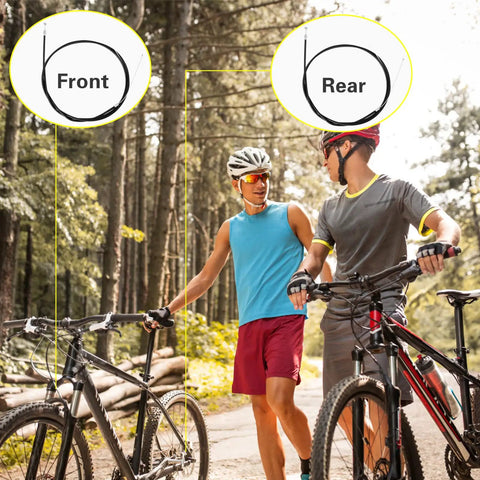 All Purpose Universal Bike Brake Cable Set Front And Rear for MTB and Road Bikes shown with cyclists in forest