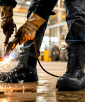 Man welding in factory wearing Composite Toe Work Boots For Men With Side Zipper Waterproof Leather Non Slip And Puncture Proof Safety Shoes