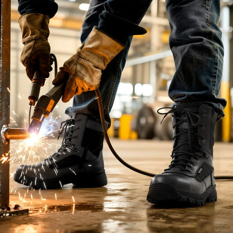 Man welding in factory wearing Composite Toe Work Boots For Men With Side Zipper Waterproof Leather Non Slip And Puncture Proof Safety Shoes