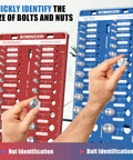 Hands using bolt thread checker tool for nut and bolt sizing