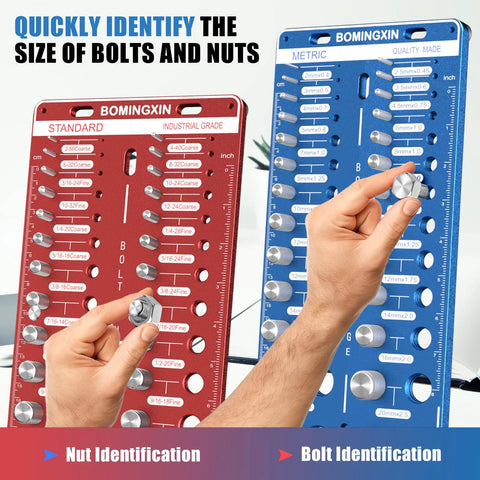 Hands using bolt thread checker tool for nut and bolt sizing
