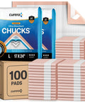 Premium Heavy Duty Disposable Underpads Sized At 17 X 24 Inches with Max Absorbency; packed in a box of 100 pads with adhesive strips.