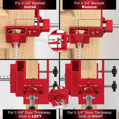 Professional Grade Door Lock Installation Kit And Latch Mortise Tool Paired With Rock Solid Hinge Jig for 2-3/8" and 2-3/4" backsets.