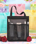 Portable Mesh Shower Caddy For Gym, Travel, Camp, And Dorm Life in black, with side pockets displaying toiletries, vibrant backdrop.