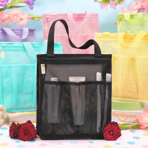 Portable Mesh Shower Caddy For Gym, Travel, Camp, And Dorm Life in black, with side pockets displaying toiletries, vibrant backdrop.