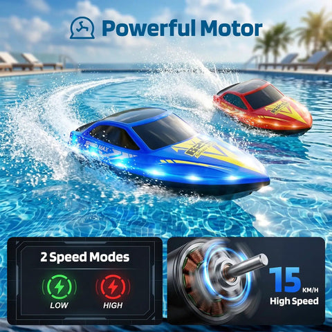 Kids RC Boat With LED Lights Self Righting Waterproof Fast Racer For Pool Lake River Or Pond Dual Speed Modes 60 Minute Runtime