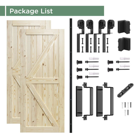 Double 36x84 Inch Solid Wood Panel Bypass Barn Door For 63x84 Opening With Sliding Hardware Kit Unfinished Surface Ready To Stain