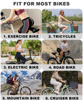 Collage showing Oversized Wide Bike Seat for men and women on exercise, tricycles, electric, road, mountain, and cruiser bikes.