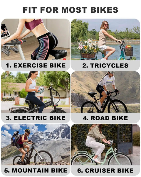 Collage showing Oversized Wide Bike Seat for men and women on exercise, tricycles, electric, road, mountain, and cruiser bikes.