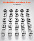 Premium 25 Piece Er32 Spring Collet Set With 1/16 To 13/16 Inch Clamping Range showing 25 collets in various sizes arranged neatly.