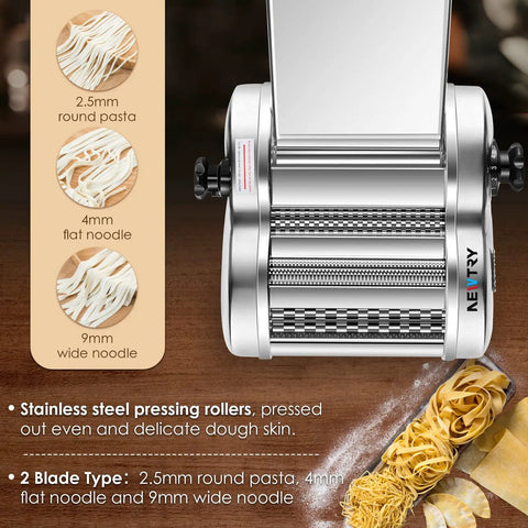 Newtry Electric Pasta Maker Machine With 3 Interchangeable Blades For Homemade Noodles, stainless steel roller for 2.5mm, 4mm, and 9mm noodles.