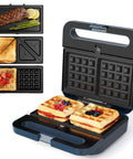 Royalcraft 3-In-1 Electric Sandwich Maker Waffle Grill And Panini Press With Non-Stick Removable Plates 1000W Power Blue design grilling waffles and sandwiches.