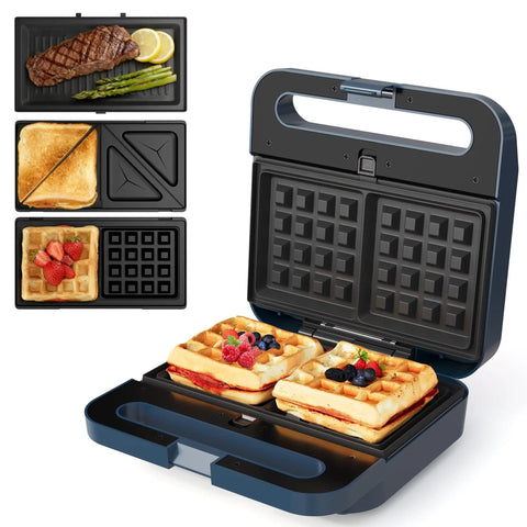 Royalcraft 3-In-1 Electric Sandwich Maker Waffle Grill And Panini Press With Non-Stick Removable Plates 1000W Power Blue design grilling waffles and sandwiches.
