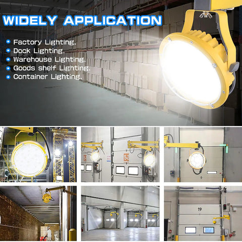 Tough As Nails 30W LED Loading Dock Light With 43 Inch Swivel Arm 3300 Lumen shining in a warehouse setting, ideal for dock lighting.