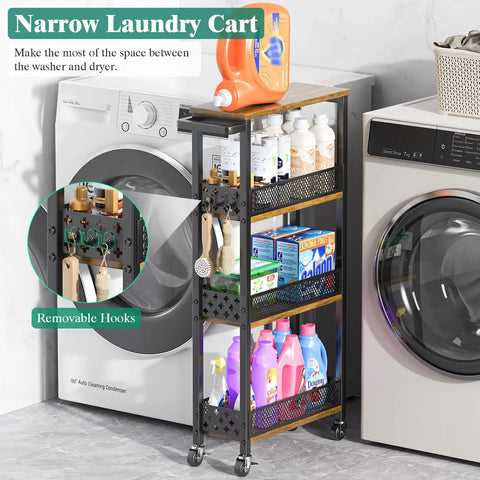 Slim Four Tier Rolling Storage Cart For Kitchen And Bathroom Organization On Wheels Space Saver With Narrow 5.9 Inch Width And Wood Rack for laundry storage between washing machines.