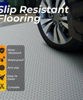Car on 4x8 Ft Diamond Plate Garage Floor Mat Heavy Duty PVC Flooring Roll 2.8mm Thick For Under Car Motorcycle Golf Cart Trailer Waterproof Non Slip Floor Protector For Garage Basement Black