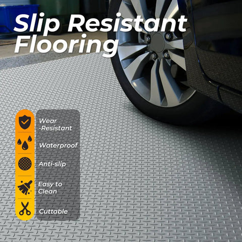 Car on 4x8 Ft Diamond Plate Garage Floor Mat Heavy Duty PVC Flooring Roll 2.8mm Thick For Under Car Motorcycle Golf Cart Trailer Waterproof Non Slip Floor Protector For Garage Basement Black