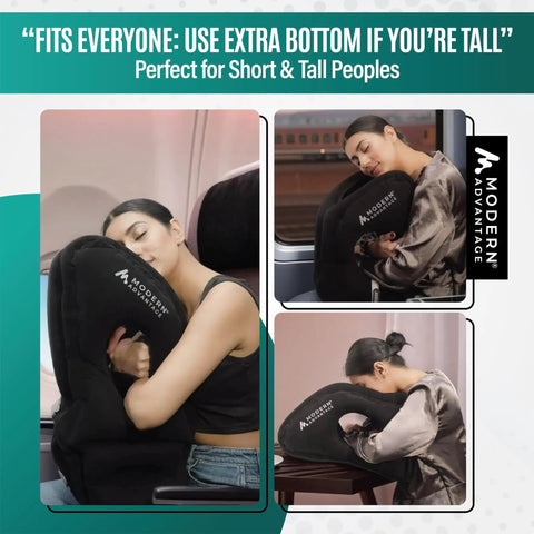 Inflatable Travel Pillow For Airplanes With Adjustable Bottom Support And Chin Lift in use in various settings.