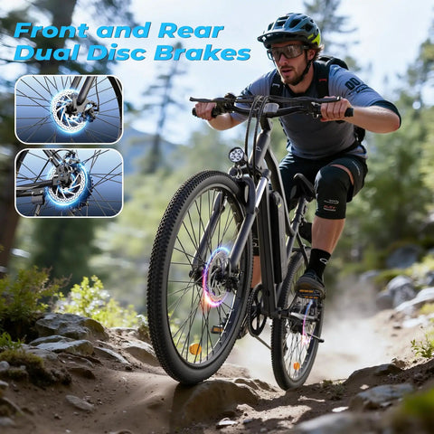 Powerful 750W Electric Bike For Adults, City Cruiser With 20 MPH, front and rear dual disc brakes, rider on trail
