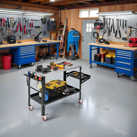 Welding Table 36 By 18 Inch With Wheels, 1200 Lbs Capacity in a workshop setting with tools, electroplated metal top visible.