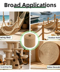 Collage showing uses of Beefy 3/4 Inch Manila Jute Rope 50 Ft Natural All Weather Heavy Duty Rope for crafts, decor, and more.