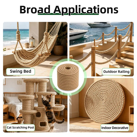 Collage showing uses of Beefy 3/4 Inch Manila Jute Rope 50 Ft Natural All Weather Heavy Duty Rope for crafts, decor, and more.