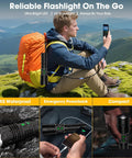 Person hiking with Rechargeable UV Blacklight Flashlight With High Lumens For Pet Pee Detection And Resin Curing on backpack