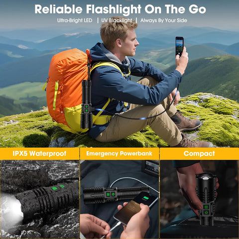 Person hiking with Rechargeable UV Blacklight Flashlight With High Lumens For Pet Pee Detection And Resin Curing on backpack