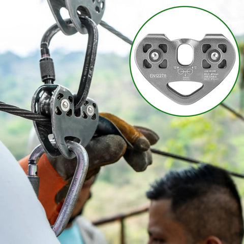 Double Zip Line Pulley Trolley With Tandem Dual Speed Pulleys 30kN 6700LBS Break Strength installed on zip line