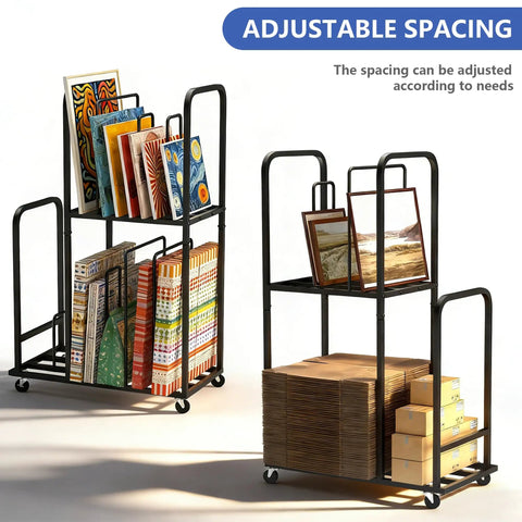 Two Tier Mobile Carton Cart With Eight Adjustable Dividers Rolling Packing Station For Home Or Warehouse Built Tough with artwork and boxes.
