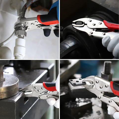Locking Pliers Set Four-Piece With Heavy Duty Anti-Pinch Non-Slip Grip Curved Jaw in use on various fixtures
