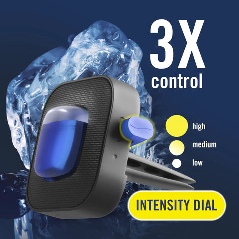 Top Tier Car Air Freshener Vent Clip With Platinum Ice Scent Keeping Your Cabin Clean With A Fresh Ride Vibe That Wipes Out Road Funk And Stubborn Odors Fast Long Lasting Auto Scent Pack Of Four showing intensity dial and blue liquid