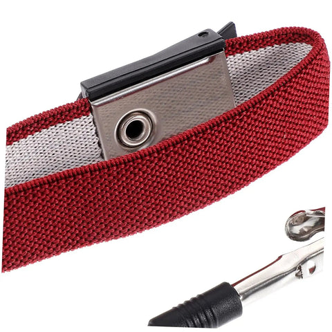 15 Piece ESD Wrist Straps Set With Adjustable Grounding Wires For Electronics Repair And Factory Work Keeps You Grounded And Static Free Reusable Anti Static Bracelet Kit Built To Last, red woven strap and metal connector close-up