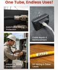 Collage showing uses of Crystal Clear Heat Shrink Tubing Kit 3 To 1 260 Pieces for automotive, cable repair, industrial, DIY wiring.