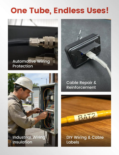 Collage showing uses of Crystal Clear Heat Shrink Tubing Kit 3 To 1 260 Pieces for automotive, cable repair, industrial, DIY wiring.