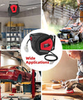 Multiple uses of Retractable Extension Cord Reel 50 Feet 14 AWG 3 Conductor Power Cord For Garage And Workshop Wall Or Ceiling Mount Three Outlets Auto Retract