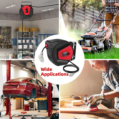 Multiple uses of Retractable Extension Cord Reel 50 Feet 14 AWG 3 Conductor Power Cord For Garage And Workshop Wall Or Ceiling Mount Three Outlets Auto Retract