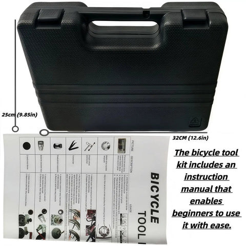 All In One Pro Grade Bike Repair Tool Kit With Hard Case for Mountain and Road Bikes, shown with instruction manual.