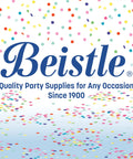 Beistle logo with colorful confetti background, text reads 'Quality Party Supplies for Any Occasion Since 1900'. Perfect for events.